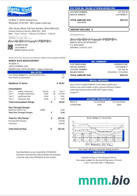 Usa California Monte Vista Water District rachunek za usługi komunalne szablon w formacie Word i PDF